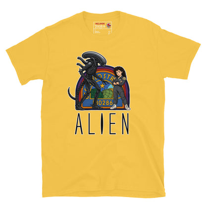 Daisy Yellow Alien movie retro poster t-shirt featuring Ellen Ripley leaning against Xenomorph in front of Nostromo badge with rainbow colours and ALIEN typography