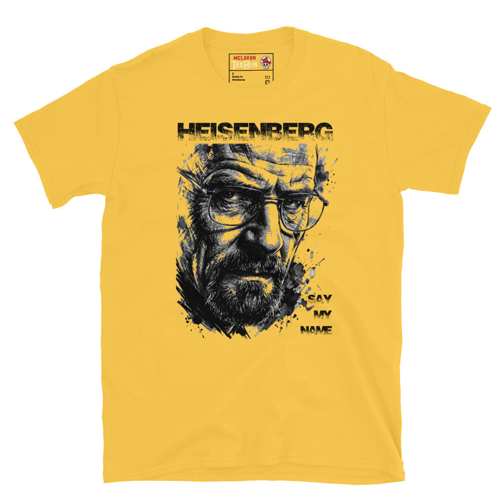 Daisy Yellow Heisenberg Breaking Bad t-shirt with dramatic ink splatter portrait of Walter White wearing glasses with distressed Heisenberg typography and Say My Name lettering