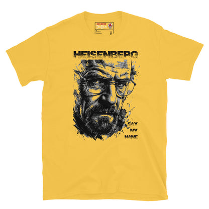 Daisy Yellow Heisenberg Breaking Bad t-shirt with dramatic ink splatter portrait of Walter White wearing glasses with distressed Heisenberg typography and Say My Name lettering