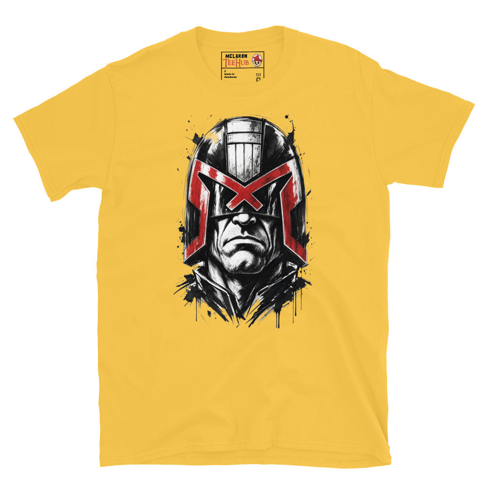 Daisy Yellow Judge Dredd t-shirt with dramatic ink splatter portrait featuring iconic helmet and bold red eagle visor with high contrast black ink sketch detail and splatter accents