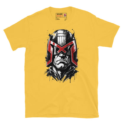 Daisy Yellow Judge Dredd t-shirt with dramatic ink splatter portrait featuring iconic helmet and bold red eagle visor with high contrast black ink sketch detail and splatter accents