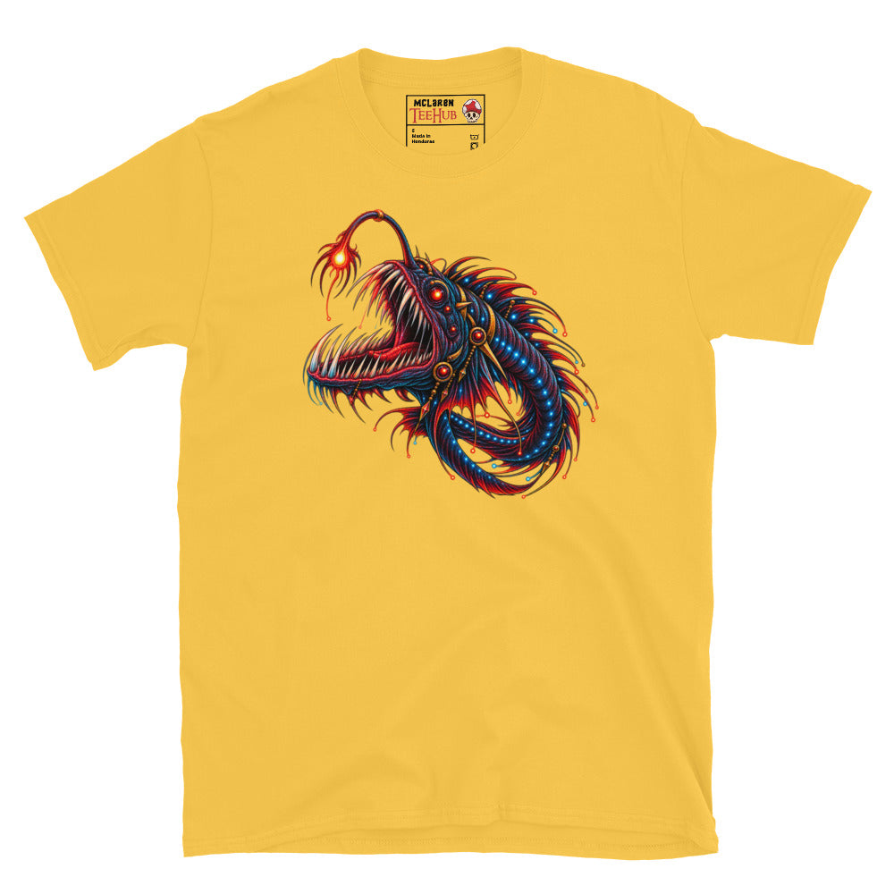 Daisy Yellow dragonfish deep sea fantasy art t-shirt with stunning full body bioluminescent illustration featuring glowing red lure savage fang jaw blue photophore orbs and trailing red gold filaments