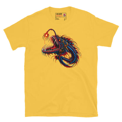 Daisy Yellow dragonfish deep sea fantasy art t-shirt with stunning full body bioluminescent illustration featuring glowing red lure savage fang jaw blue photophore orbs and trailing red gold filaments