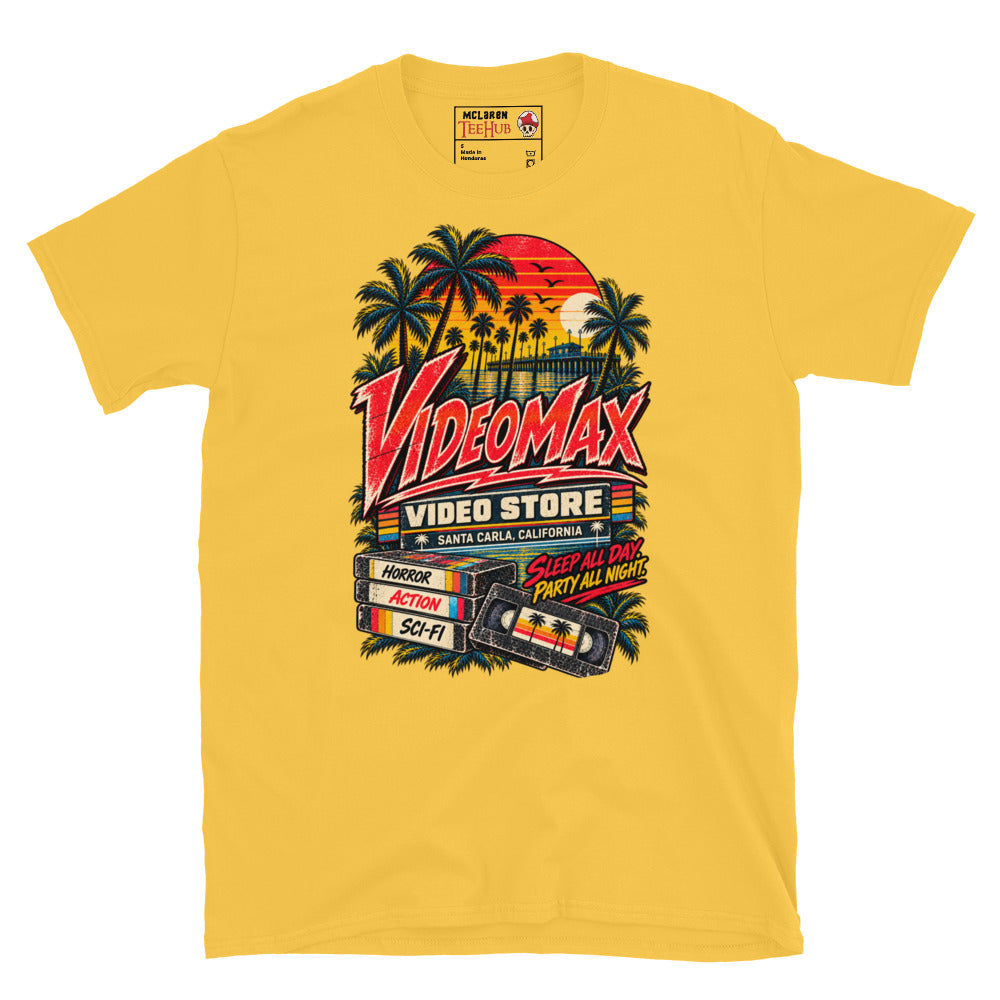 Daisy Yellow Lost Boys VideoMax Video Store t-shirt with retro California sunset design featuring VideoMax Santa Carla California sign palm trees pier VHS tapes labelled Horror Action Sci-Fi and Sleep All Day Party All Night typography