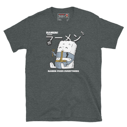Cute ramen cartoon T-shirt with Japanese text and a rice character holding noodles – "Ramen Fixes Everything" design. Dark Heather 