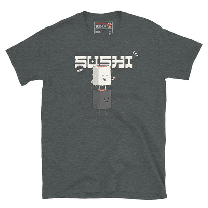 Dark Heather T-shirt with cartoon sushi roll and soy sauce bottle, Japanese text, and the phrase “True Soy Mates!”
