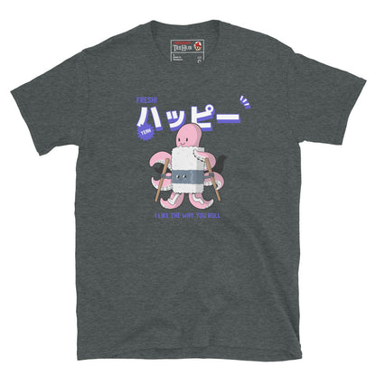 Dark Heather T-shirt with cartoon octopus rolling sushi using chopsticks and the phrase “I Like the Way You Roll” in purple text.
