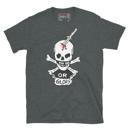 Dark Heather T-shirt featuring the "Or Glory" skull and katana design inspired by Private Hudson's body armor from the movie Aliens.
