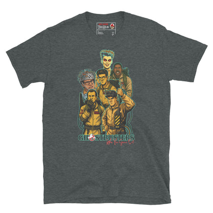 Ghostbusters "Who You Gonna Call?" Dark Heather T-shirt with classic 80s movie characters design.