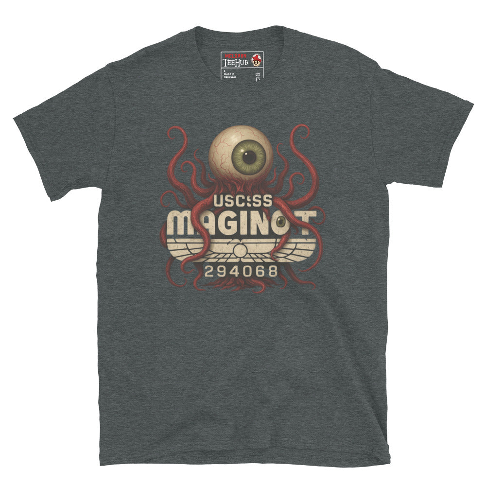 Dark Heather T-shirt featuring T-Ocellus with USCSS Maginot text – Retro sci-fi horror design from Alien Earth.