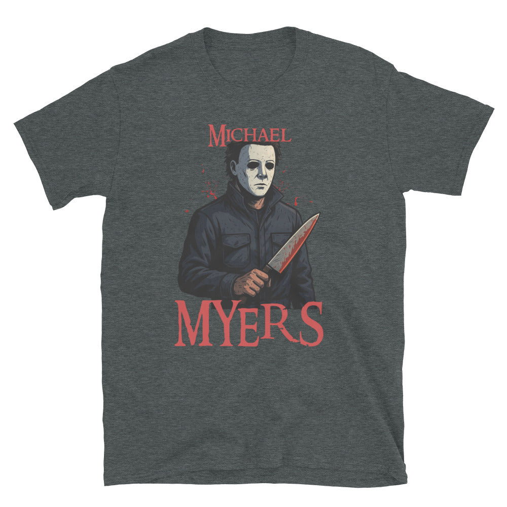 Michael Myers horror Dark Heather T-shirt – Halloween slasher graphic tee with bloody knife design, exclusive to McLaren TeeHub.