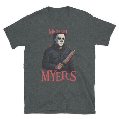 Michael Myers horror Dark Heather T-shirt – Halloween slasher graphic tee with bloody knife design, exclusive to McLaren TeeHub.