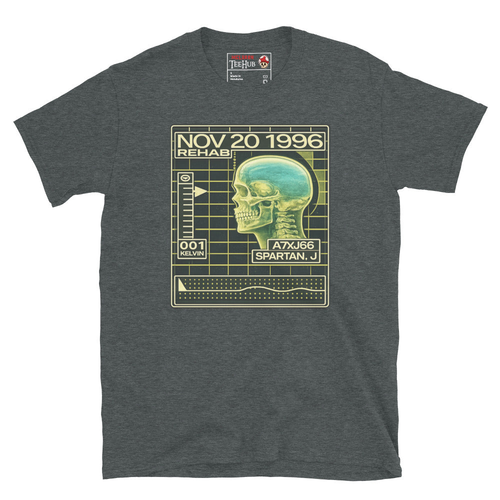 John Spartan The Demolition Man Cryo Readout inspired t-shirt featuring futuristic rehabilitation scanner artwork and retro sci-fi interface design. Dark Heather 