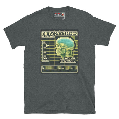 John Spartan The Demolition Man Cryo Readout inspired t-shirt featuring futuristic rehabilitation scanner artwork and retro sci-fi interface design. Dark Heather 
