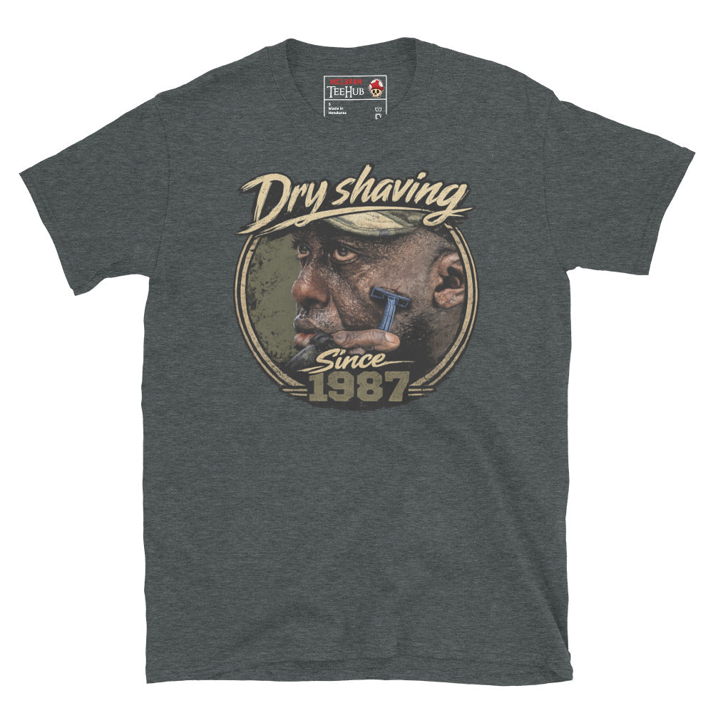 Dark Heather Predator 1987 Dry Shaving Since 1987 T-Shirt with distressed vintage portrait graphic of Mac
