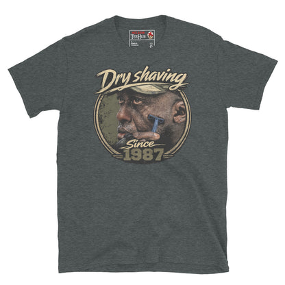 Dark Heather Predator 1987 Dry Shaving Since 1987 T-Shirt with distressed vintage portrait graphic of Mac