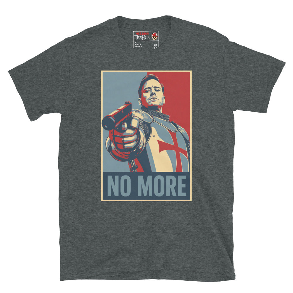 Dark Heather Citizen Vigilante No More T-Shirt with Hope poster style pop art graphic of Templar knight holding gun
