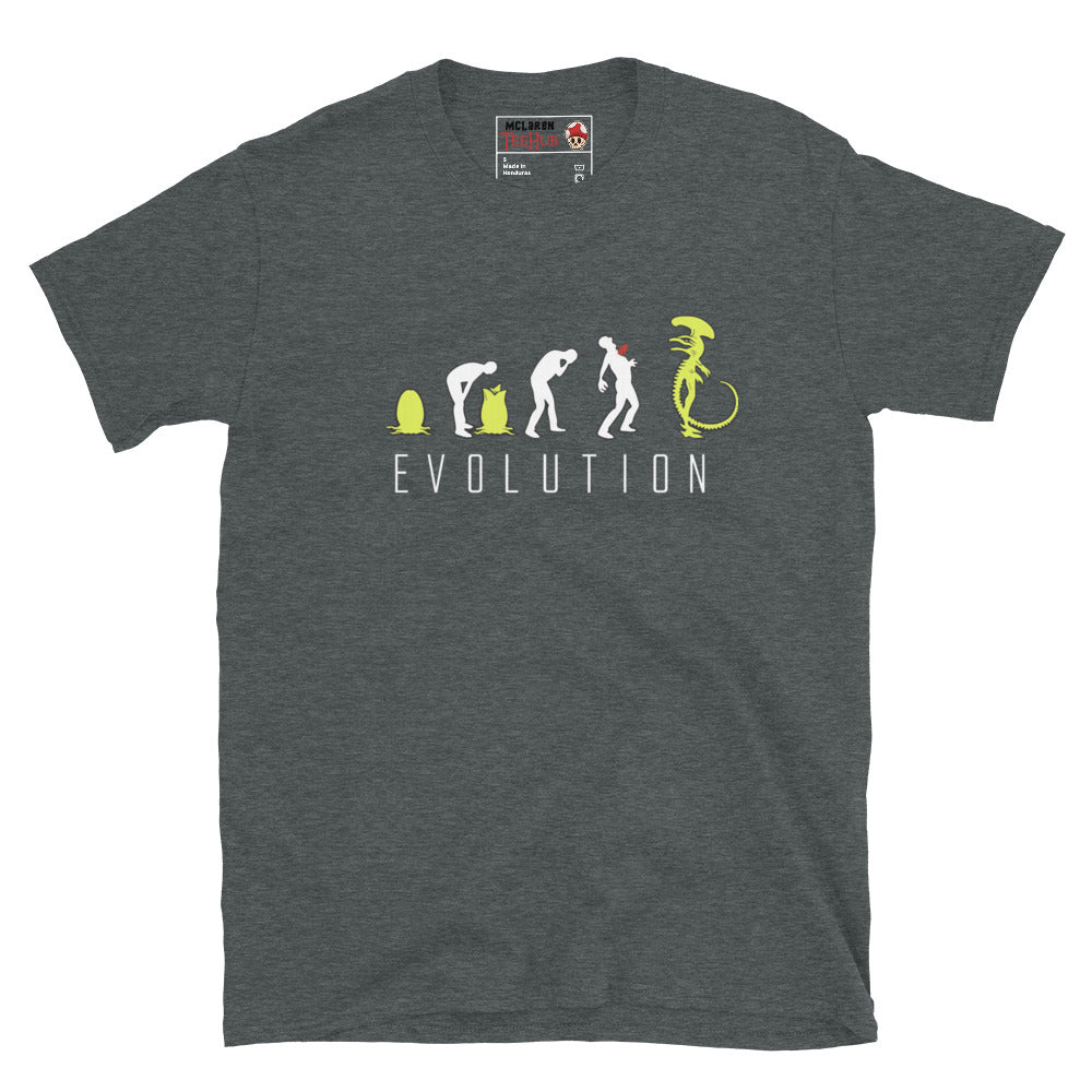 Dark Heather Alien Xenomorph Evolution t-shirt with March of Progress parody graphic showing egg facehugger chestburster and full Xenomorph silhouette