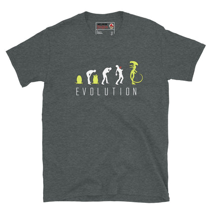 Dark Heather Alien Xenomorph Evolution t-shirt with March of Progress parody graphic showing egg facehugger chestburster and full Xenomorph silhouette