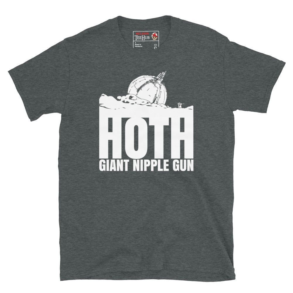 Dark Heather Hoth Giant Nipple Gun Star Wars parody t-shirt with white ion cannon illustration emerging from snow and bold Hoth Giant Nipple Gun typography