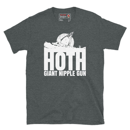 Dark Heather Hoth Giant Nipple Gun Star Wars parody t-shirt with white ion cannon illustration emerging from snow and bold Hoth Giant Nipple Gun typography