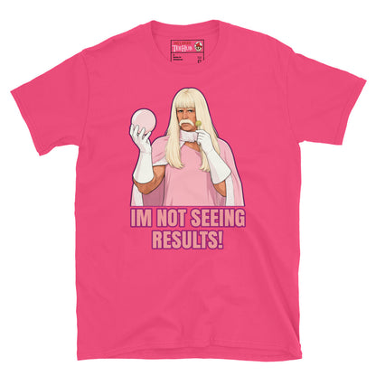 Gentlemen Broncos inspired t-shirt featuring humorous comedy artwork and the phrase I'm Not Seeing Results. Heliconia