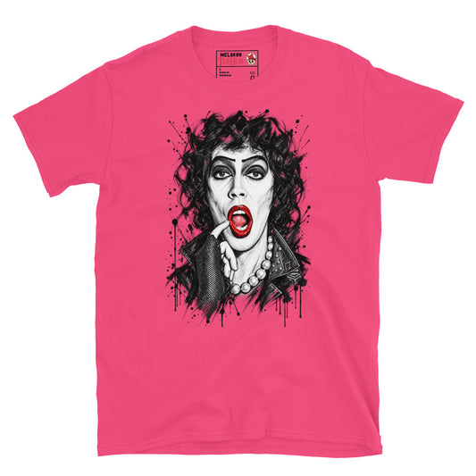 Heliconia Frank-N-Furter Rocky Horror Picture Show t-shirt with dramatic ink splatter portrait featuring smoky black eyes vivid red lips pearl necklace fishnet glove and leather jacket detail