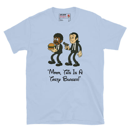 Light blue T-shirt with cartoon characters resembling Jules and Vincent from Pulp Fiction, holding a burger and a gun, with the quote “Mmm, This Is a Tasty Burger!”