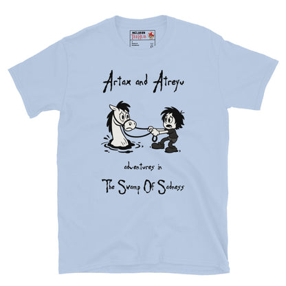 Light Blue Cartoon-style T-shirt featuring Atreyu pulling Artax from the Swamp of Sadness, inspired by The NeverEnding Story, with the text “Adventures in the Swamp of Sadness.” 