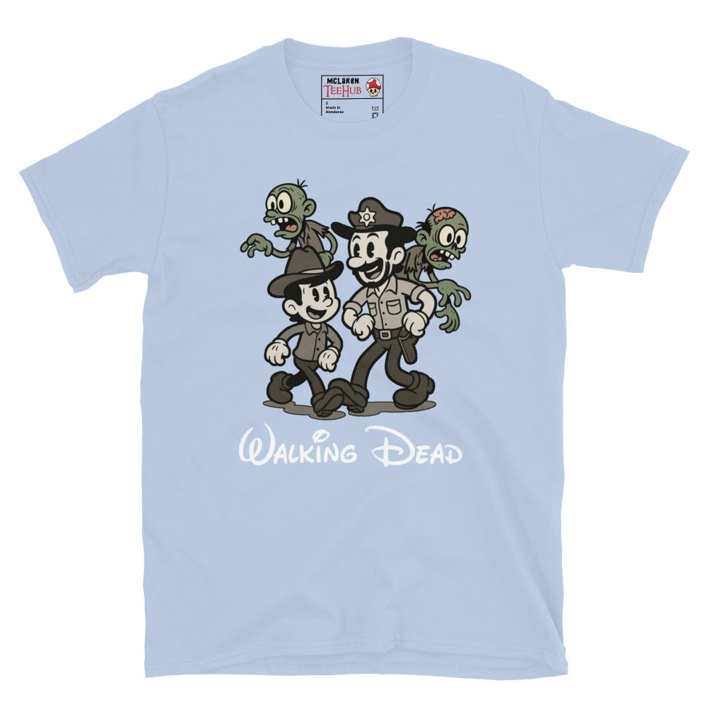 Walking Dead Retro Cartoon Light Blue T-Shirt featuring Rick Grimes, Carl, and zombies in vintage animation style – Exclusive McLaren T-Hub Horror Streetwear
