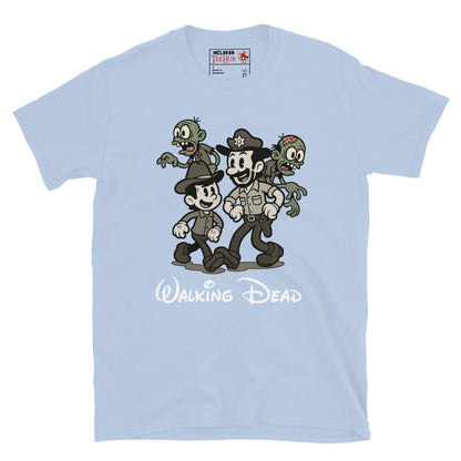 Walking Dead Retro Cartoon Light Blue T-Shirt featuring Rick Grimes, Carl, and zombies in vintage animation style – Exclusive McLaren T-Hub Horror Streetwear