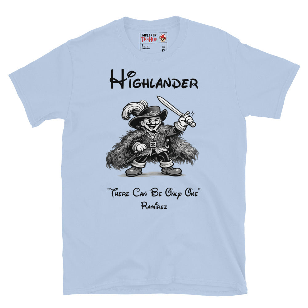 Highlander Ramirez rubber hose cartoon t-shirt featuring vintage 1930s animation style artwork and iconic fantasy movie quote. Ligh Blue