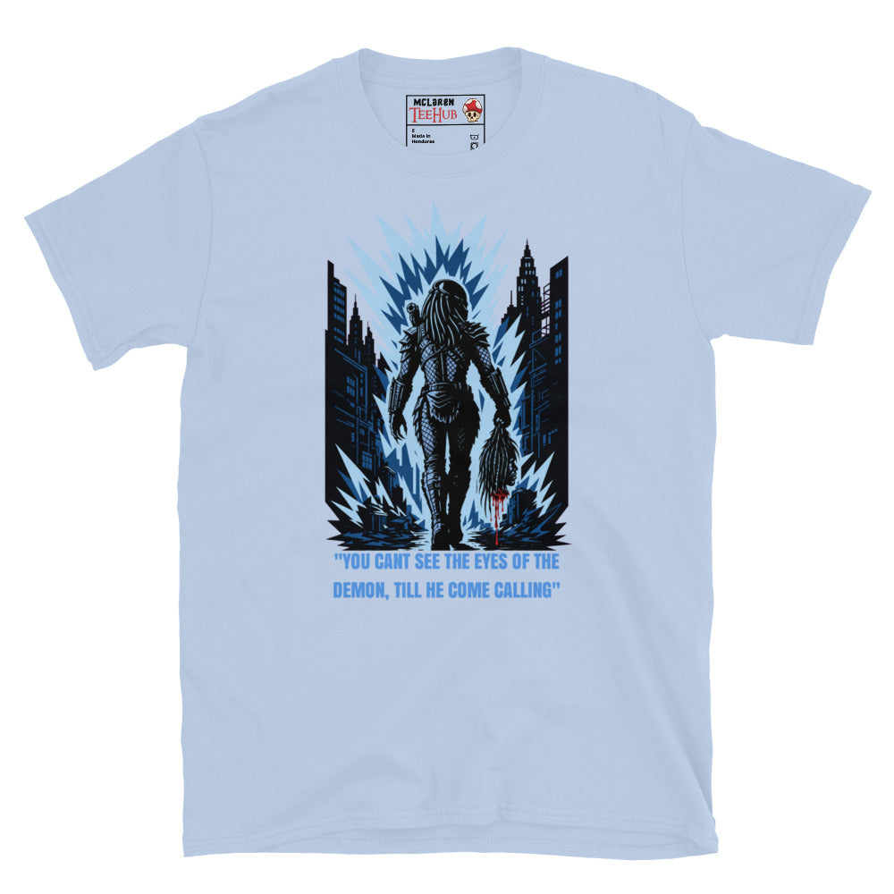 King Willie Predator inspired t-shirt featuring urban hunter artwork and iconic sci-fi horror quote design. Light Blue 