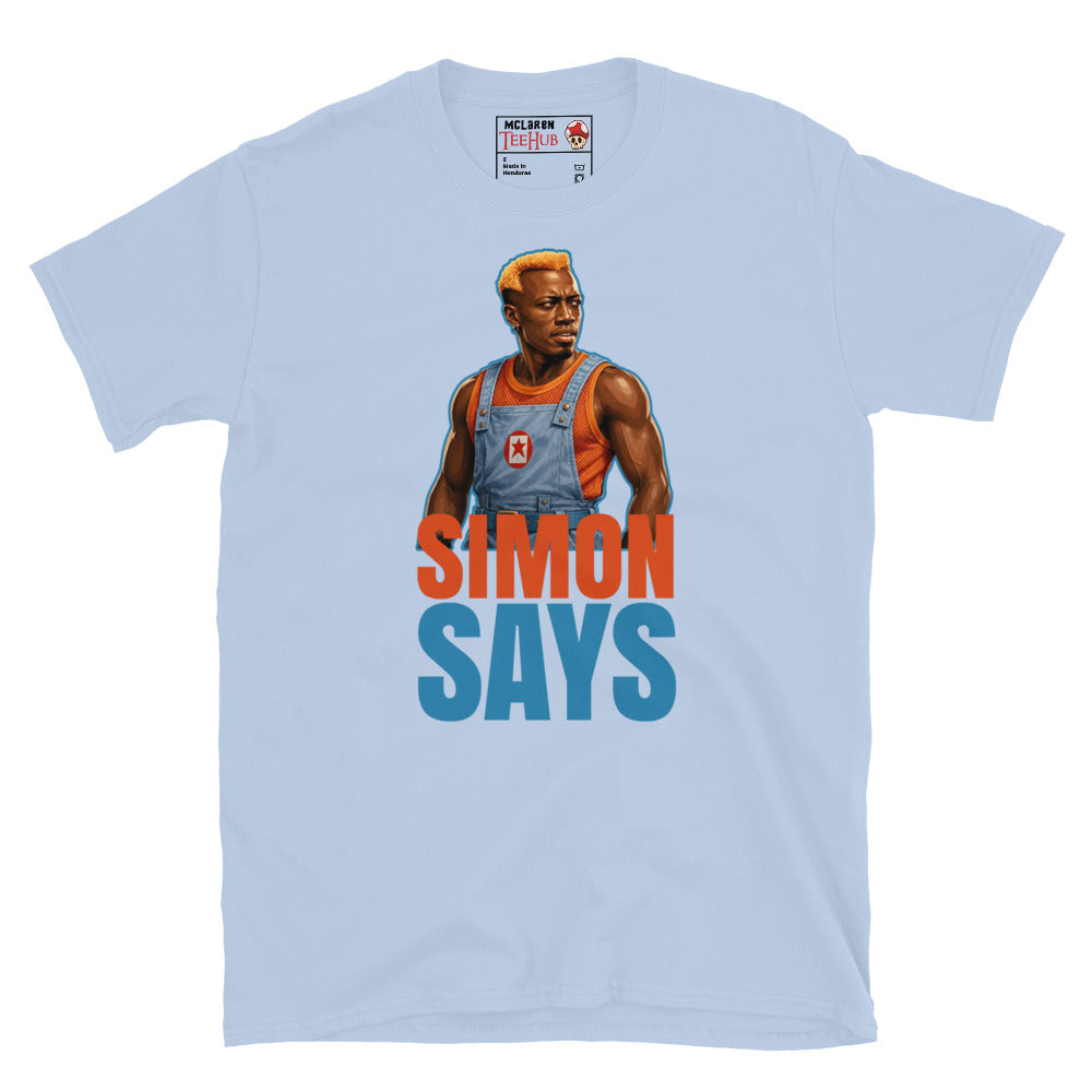 Simon Says inspired t-shirt featuring the villain Simon Phoenix from the classic sci-fi action movie Demolition Man. Light Blue 