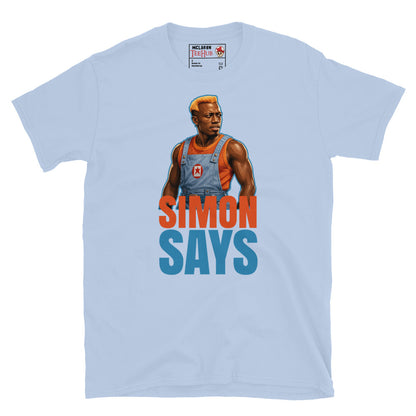 Simon Says inspired t-shirt featuring the villain Simon Phoenix from the classic sci-fi action movie Demolition Man. Light Blue 