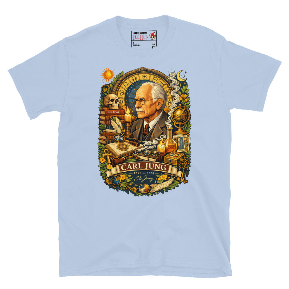 Detailed Carl Jung psychology graphic t-shirt featuring archetypes, alchemy, dream symbolism, books and analytical psychology imagery. Light Blue 