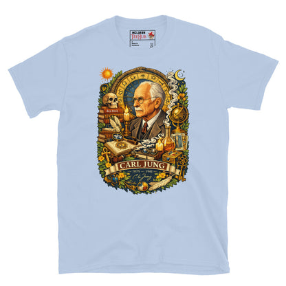Detailed Carl Jung psychology graphic t-shirt featuring archetypes, alchemy, dream symbolism, books and analytical psychology imagery. Light Blue 