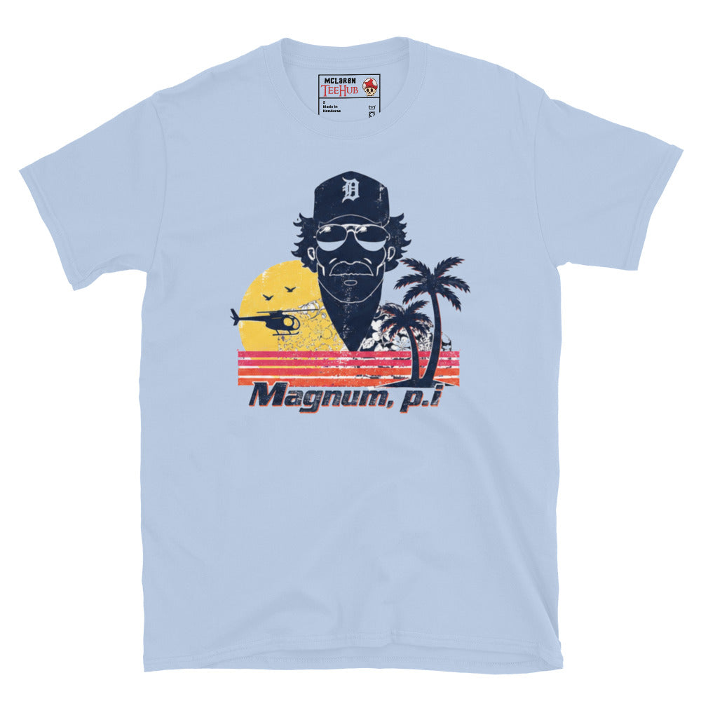 Light Blue Magnum PI distressed retro t-shirt with vintage Hawaii sunset graphic featuring Detroit Tigers cap sunglasses and palm trees
