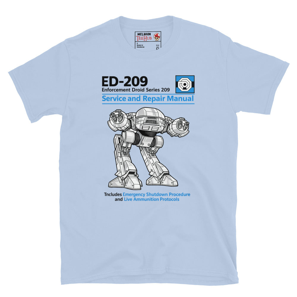 Light Blue ED-209 RoboCop Service and Repair Manual t-shirt with Haynes style technical illustration of Enforcement Droid 209