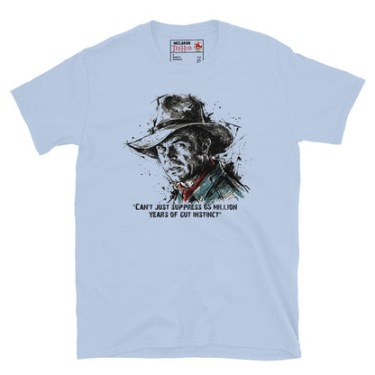 Light Blue Dr Alan Grant Jurassic Park t-shirt with ink splatter sketch portrait and 65 million years of gut instinct quote in black teal and red