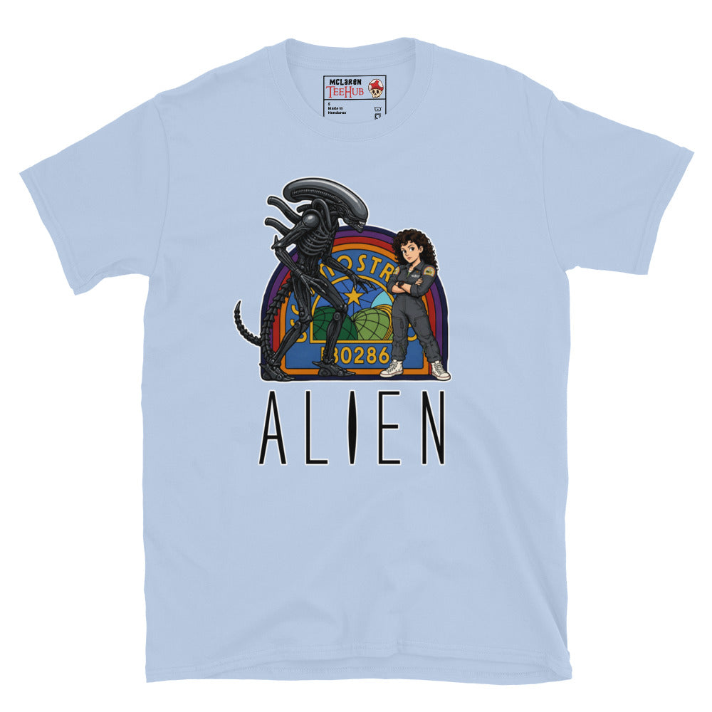 Light Blue Alien movie retro poster t-shirt featuring Ellen Ripley leaning against Xenomorph in front of Nostromo badge with rainbow colours and ALIEN typography