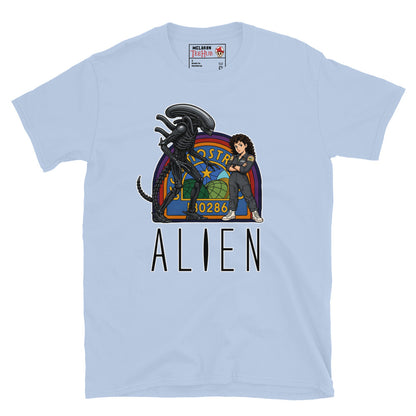 Light Blue Alien movie retro poster t-shirt featuring Ellen Ripley leaning against Xenomorph in front of Nostromo badge with rainbow colours and ALIEN typography