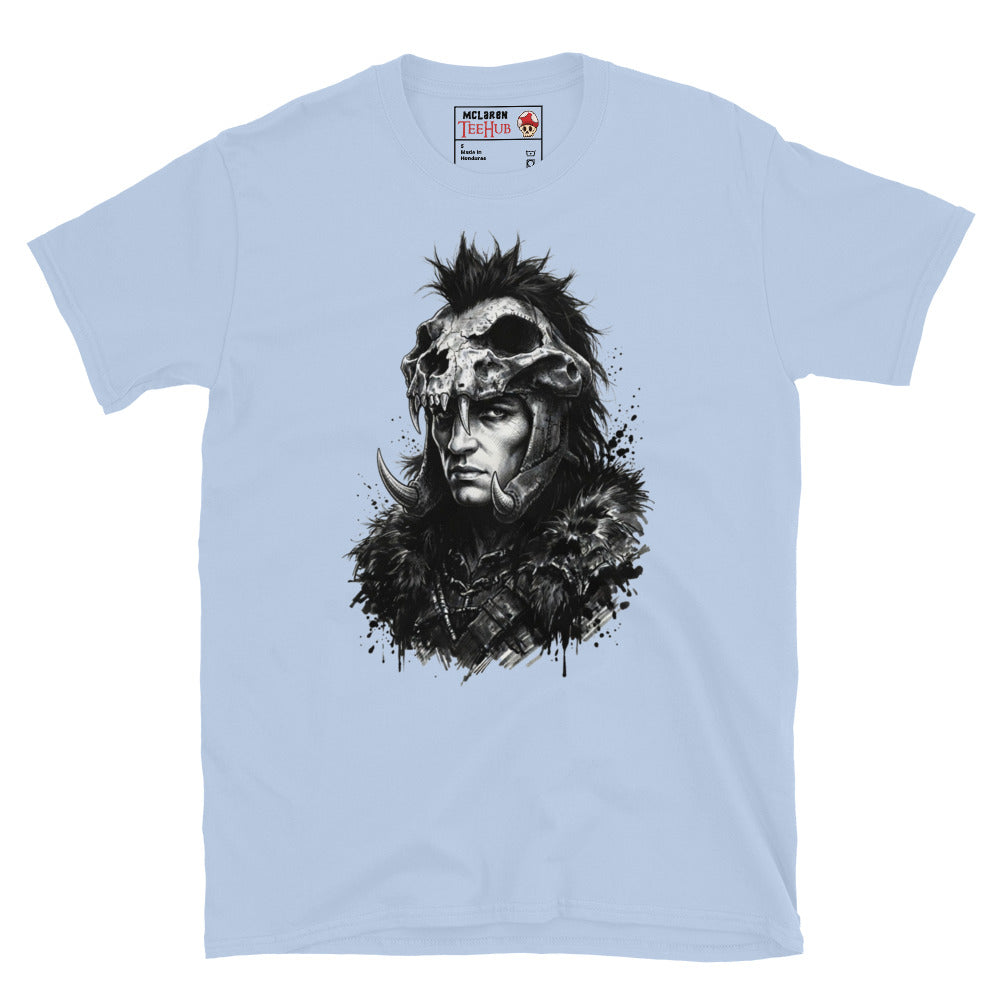 Ligh blue Kurgan Highlander t-shirt with dramatic ink splatter portrait of the Kurgan in skull helmet mohawk crest curved tusks and fur collar armour