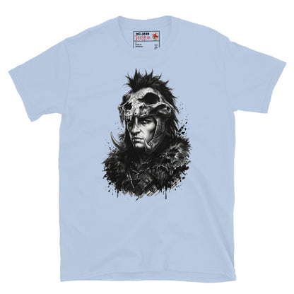 Ligh blue Kurgan Highlander t-shirt with dramatic ink splatter portrait of the Kurgan in skull helmet mohawk crest curved tusks and fur collar armour