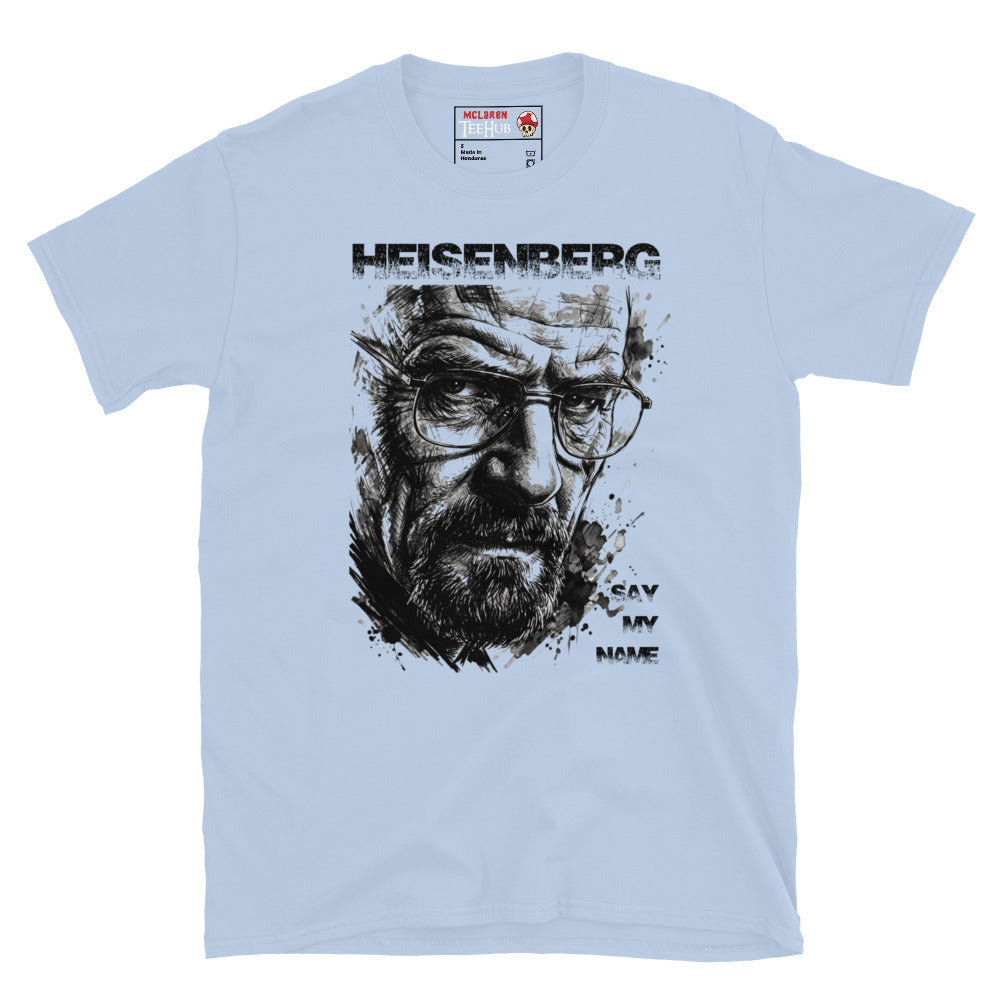 Light Blue Heisenberg Breaking Bad t-shirt with dramatic ink splatter portrait of Walter White wearing glasses with distressed Heisenberg typography and Say My Name lettering