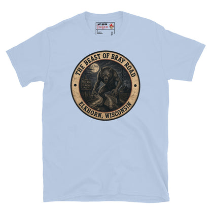 Light Blue Beast of Bray Road Elkhorn Wisconsin t-shirt with vintage distressed badge featuring snarling werewolf figure on moonlit road with Bray Road signpost.