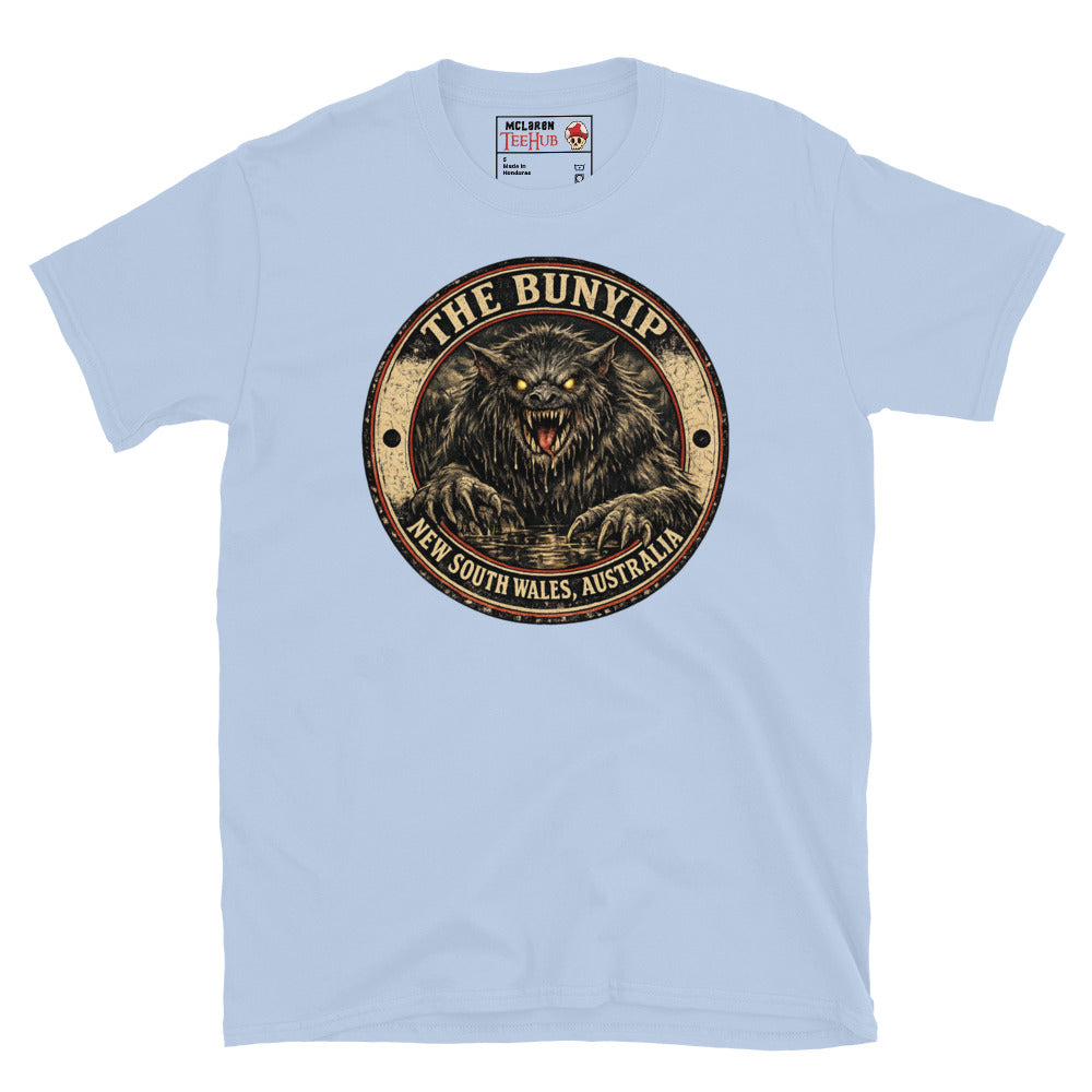 Light Blue Bunyip New South Wales Australia t-shirt with vintage distressed badge featuring shaggy dark Bunyip rising from water with glowing amber eyes savage fangs and claws.