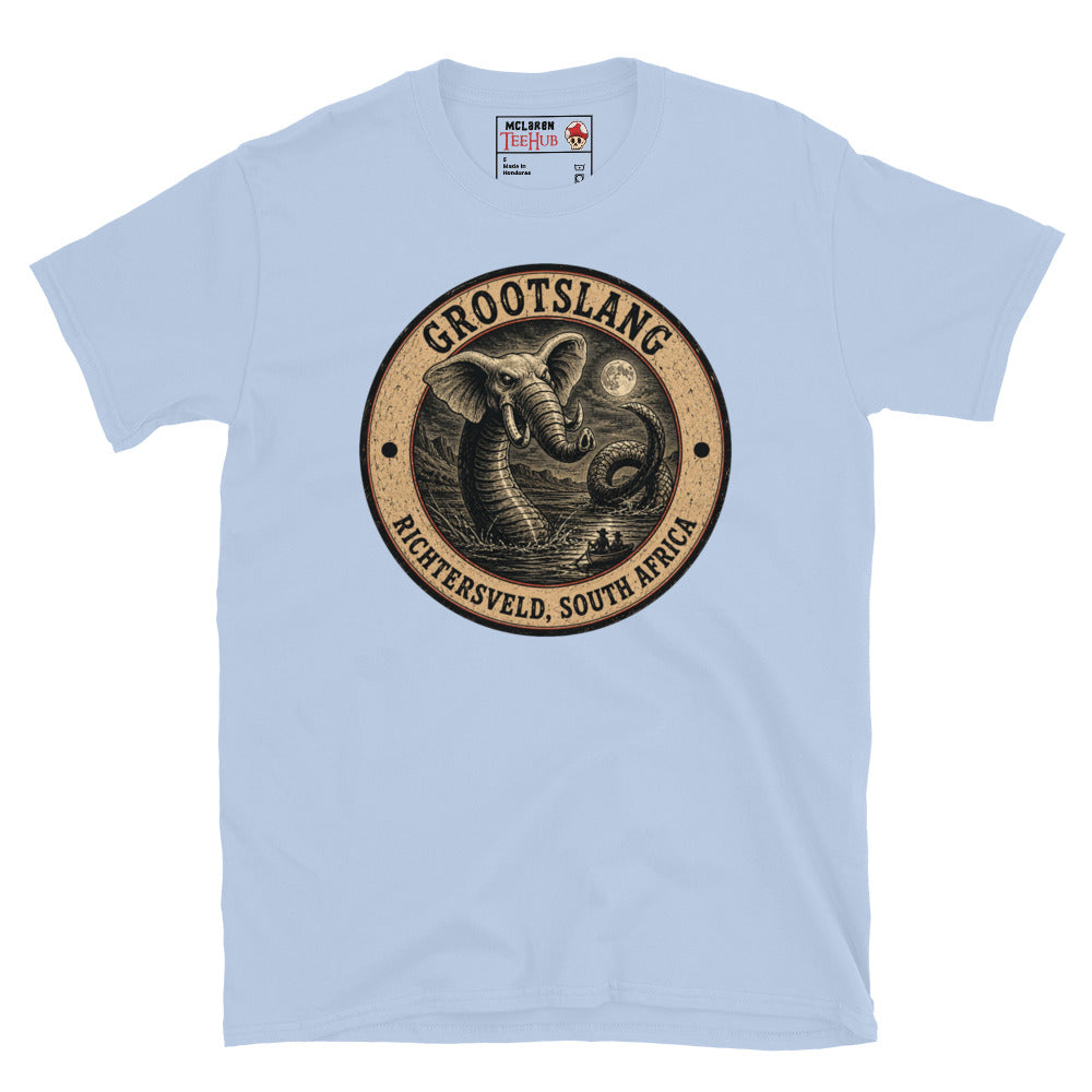 Light Blue Grootslang Richtersveld South Africa t-shirt with vintage distressed badge featuring elephant headed serpent cryptid rising from moonlit water dwarfing tiny boat figures below.