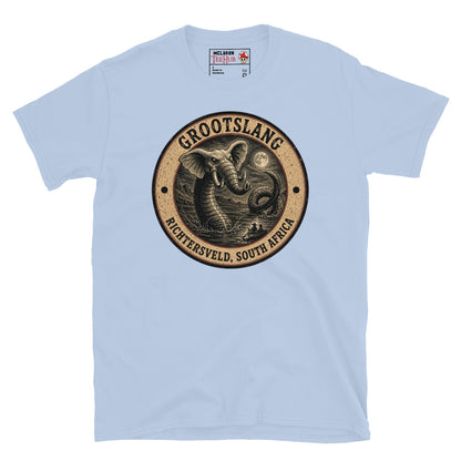 Light Blue Grootslang Richtersveld South Africa t-shirt with vintage distressed badge featuring elephant headed serpent cryptid rising from moonlit water dwarfing tiny boat figures below.