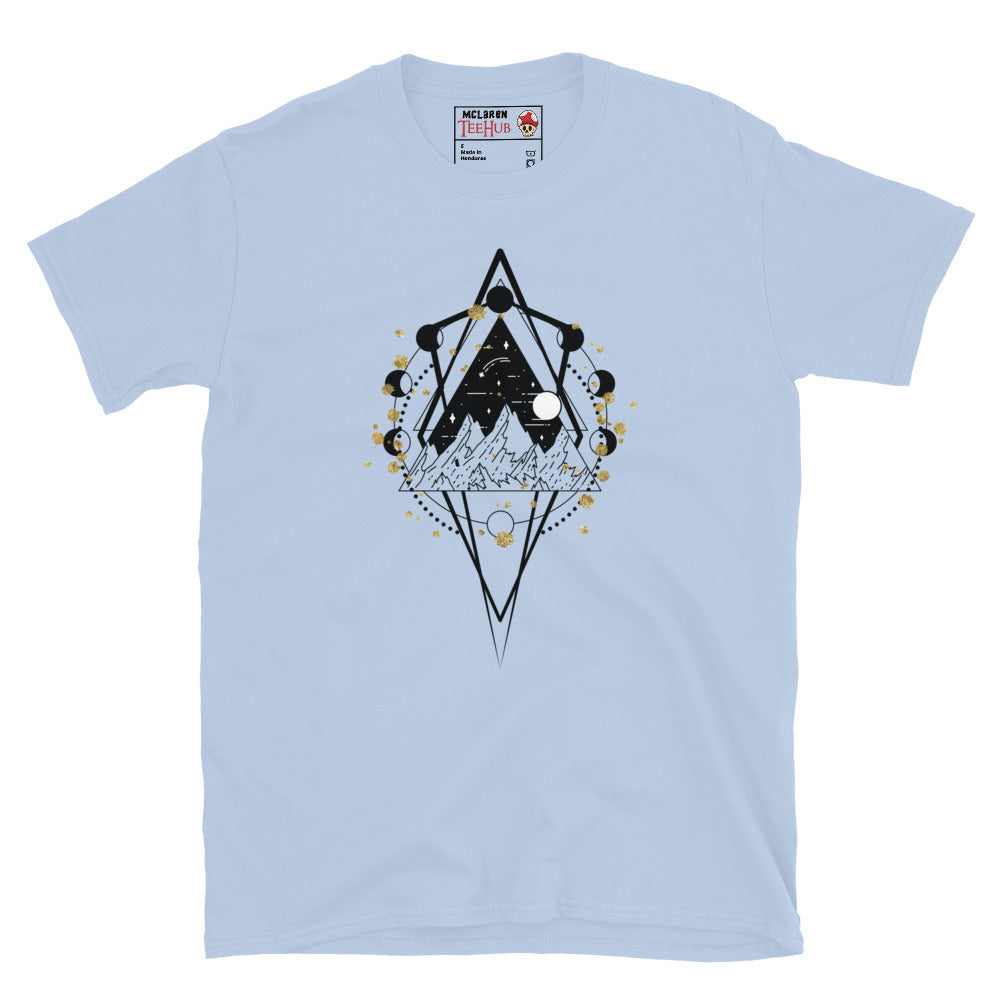 sacred geometry moon phase mountain t-shirt with diamond geometric frame containing mountain night sky landscape surrounded by lunar cycle moon phases and gold foil accents, on light blue t-shirt.